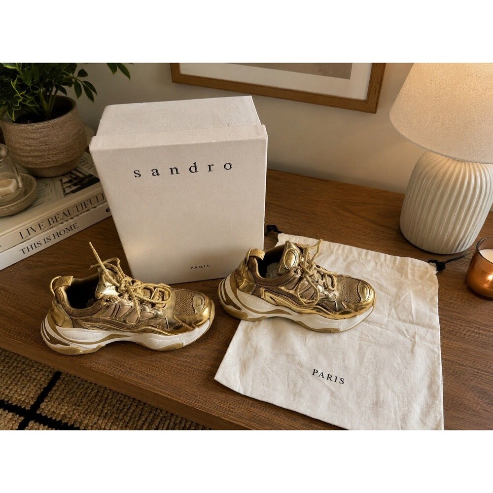 Sandro Paris Astro Trainers Full Gold Chunky Calfskin Sneakers Size 38 US 8 NEW